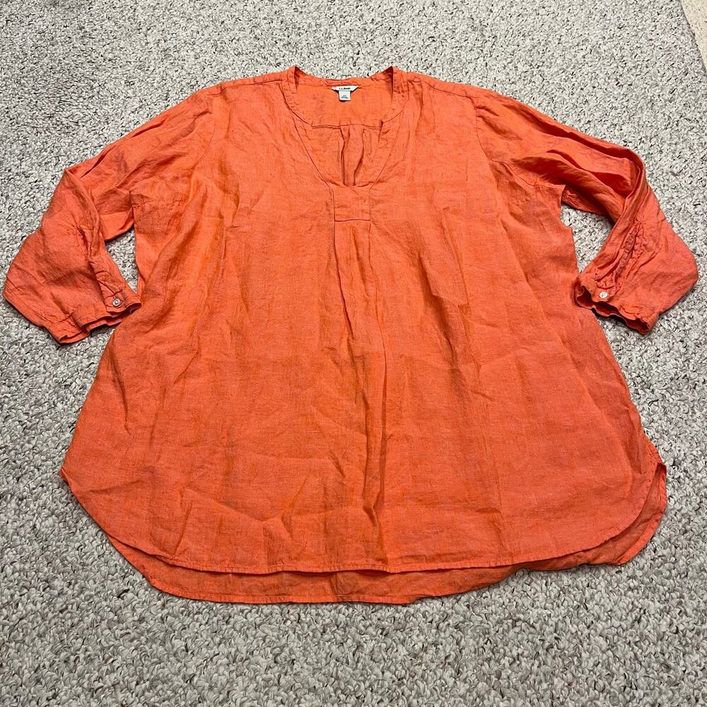 LL Bean Linen Long Sleeve Tunic Popover Top 2X Coral Orange Coastal Preppy